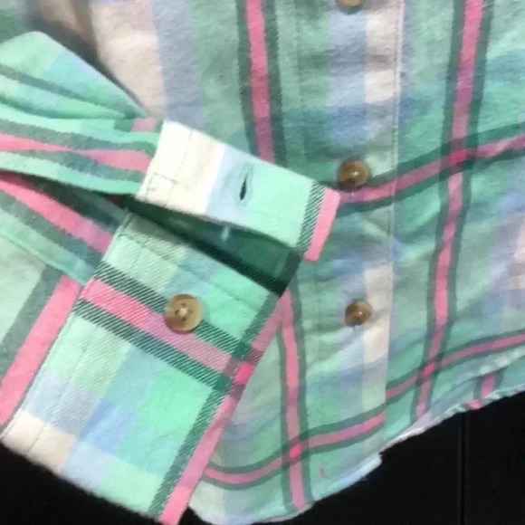 ThereABouts multi-plaid flannel like long sleeve button down top, Mint - Picture 6 of 10